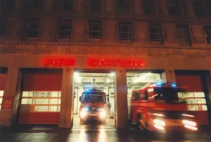 Fire engines rush out of Pilgrim Street fire station in Newcastle on an emergency call