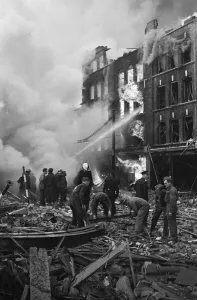 01487 Prints: Fire fighters and emergency workers fight a fire at Brown Brothers, Great Eastern Street