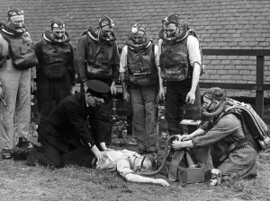00054 Prints: The fire and rescue team practicing to revive a miner overpowered at the coal face