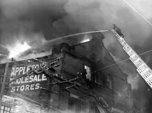 Firefighters batlle to contain the fire at the Appletons warehouse buildings on New