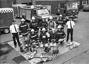 00072 Prints: Firefighters from Tyne Wear Fire Brigade with the many different pieces of life-saving