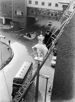 01003 Prints: Fireman helps place the Elephant and Castle statue on top of the standard in Broadgate