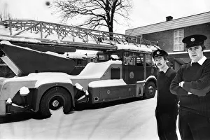 00072 Prints: Firemen Brian O Dwyer and Graeme Calder with the turntable ladder machine which is up