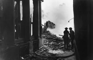 Firemen dampen fires in Paternoster Row following an air raid during Second World War