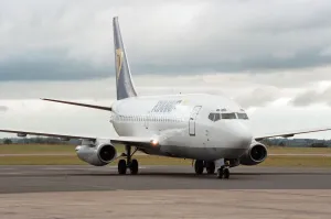 The first Dublin to Teesside flight operated by Ryanair taxis to the apron at Teesside