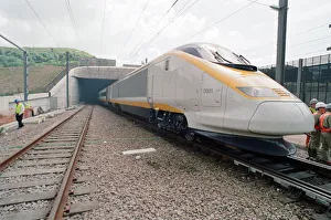 The first Eurostar test train hauled through the Channel Tunnel from France to Britain