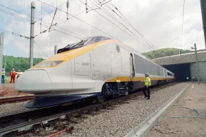 The first Eurostar test train hauled through the Channel Tunnel from France to Britain