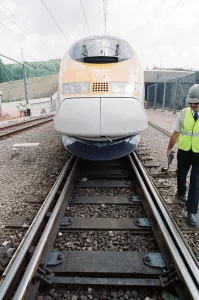 01520 Prints: The first Eurostar test train hauled through the Channel Tunnel from France to Britain