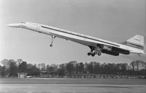 The first flight of UK-built Concorde prototype 002 from Filton near Bristol to RAF