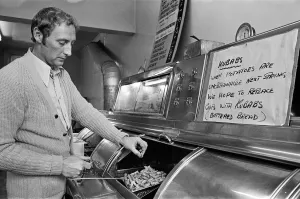 Fish Prints: Fish and chip shop in Teesside to sell bread due to potato shortage. 1975