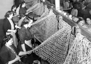 Fishermens nets being knitted on North Shields Quayside in 1949