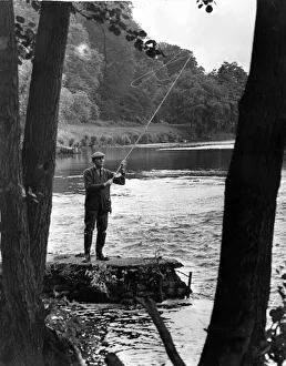 River Prints: Fishing - Baron Van Moyland casting for Salmon on his Usk river beat where the fish are