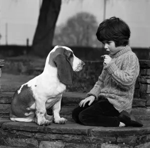 01030 Prints: Five-year-old Caroline Williams of Northwood Hills with five-month-old Basset Hound puppy
