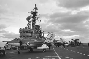 Fleet Air Arm Supermarine Scimitar and Fairey Gannet aircraft on the flight deck of