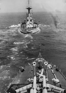 Battleship Prints: Fleet review. HMS Queen Elizabeth leading the line to sea. Circa 1935