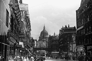Skyline Prints: Fleet Street looking towards St Pauls Cathedral and Ludgate Hill. August 1939