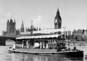 Petrol Station Prints: A floating Shell Mex and BP filling station on the River Thames with Big Ben