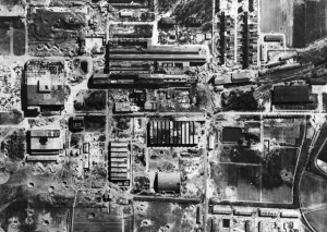 At the Focke-Wulf 190 aircraft assembly plant at Oscherleben heavy damage can be seen in