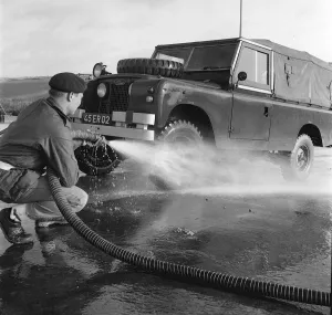 Foot and Mouth Disease Outbreak November 1967 A soldier washes down a Land Rover