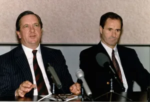 Chairman Prints: Football Chairman of Arsenal FC Peter Hill Wood sitting in a press conference alongside