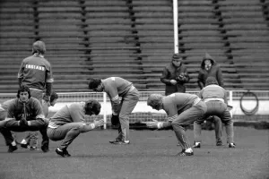 00249 Prints: Football: England Team. Its a touch of yoga in the England squadIs training session