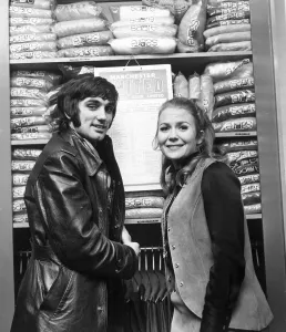 Footballer George Best meets Actress Juliet Mills in his boutique in Manchester