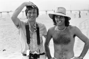 Footballer George Best poses on the beach withDaily Mirror Staff Photographer Kent Gavin