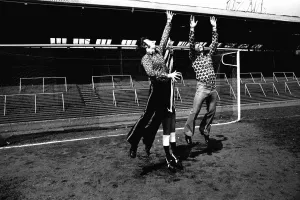 Footballer Malcolm MacDonald models clothes for sale from his new Newcastle Boutique