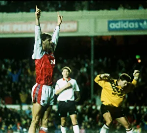 Arms Raised Prints: Footballer Tony Adams of Arsenal celebrates goal against Nottingham Forest, 1992