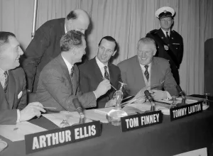 00230 Prints: Former footballers Arthur Ellis, Tom Finney and Tommy Lawton during the first meeting of