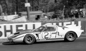 The Ford GT40 driven by Phil Hill and Charis Amon during the Le Mans 24 hour endurance