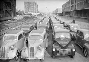Ford Populars waiting export at the London Docks April 1949