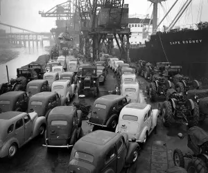Ford Prefects and Fordson tractors seen here on a Dagenham quayside