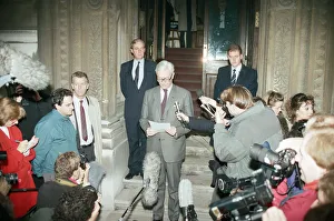 Foreign Secretary Douglas Hurd on the steps on the Foreign Office announcing his