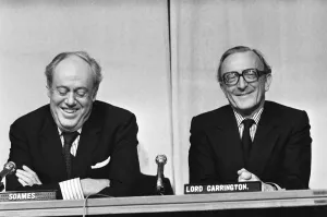 01143 Prints: Foreign Secretary Lord Carrington at a conference on Rhodesia with Christopher Soames