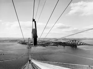 Forth Road Bridge construction June 1962 Wires being strung across workman walking
