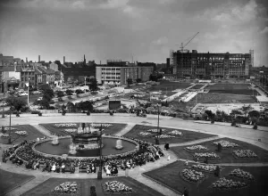 Scaffolding Prints: Fountains splashing merrily amid flowerbeds ablaze with colour