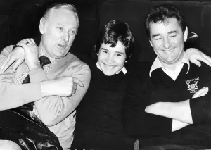 Fourteen year old Nigel Clough hugging his father Nottingham Forest manager Brian Clough