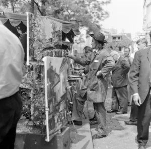 Painter Prints: France Paris June 1965. Montmartre Place du Tertre, where an artist tries to master a