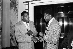 Frank Bruno with Justin Fashanu at the Variety Clubs sports lunch at the Dorchester