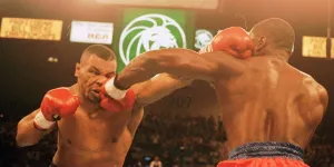 Frank Bruno and Mike Tyson exchange punches during the WBC world title fight in Las Vegas