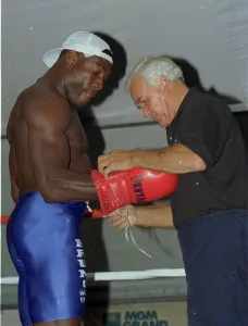 Frank Bruno trains in Las Vegas for his title fight with Mike Tyson with trainer George
