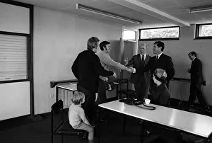 00222 Prints: Frank OFarrell manager of Manchester United June 1971 shakes hands with Pat