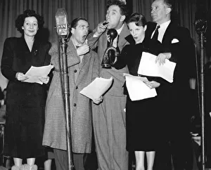Microphones Prints: Frankie Howerd with Norman Wisdom, Joan Greenwood and Eric Porter recording comedy sketch