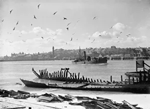 00086 Prints: A Fraserburgh Herring boat returns to port escorted by a squadron of sea gulls