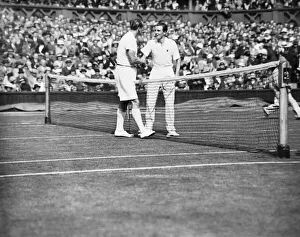 Fred Perry competing at The Mens singles Wimbledon Championships in 1934 on the centre