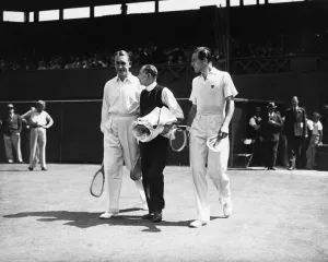 Greeting Prints: Fred Perry (right) walks out onto the centre court with his opponent Jack Crawford (left