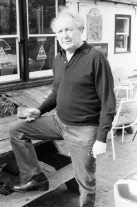 Freddie Laker, enjoying a quick half pint in the garden of his local pub in the village