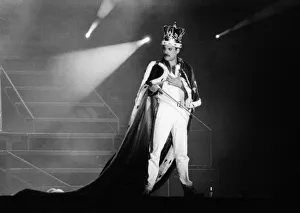 Freddie Mercury, lead singer of the rock group Queen in concert at St James Park in