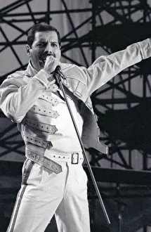 Freddie Mercury from Queen in concert at St James Park in Newcastle. July 1986
